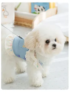 Cute puppy denim floral dress detail view, sweet princess pet clothes for spring and summer.