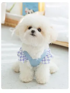 Cute puppy denim dress with purple checkered ruffles spring summer pet clothes for small dogs.