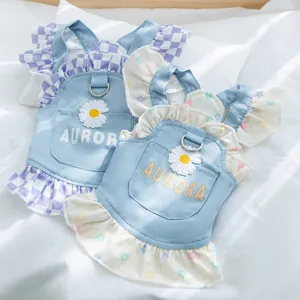 Pet Dog Princess Dress Spring Summer Denim Lace Flying Sleeve Daisy Floral Puppy Skirt With D Ring For Small Dogs Cats Apparel