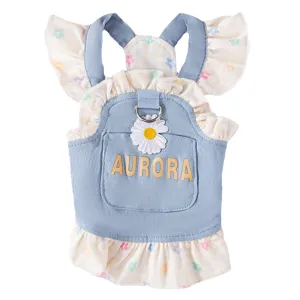Cute floral dog dress with denim ruffle sleeves and sweet puppy princess summer apparel