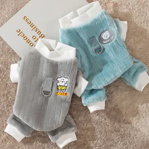 Süßer Cartoon Bär Haustier Jumpsuit Herbst Winter Warmer Flanell Hundebekleidung Mit Leinen D-Ring Gestreifter Welpe Katze Schlafanzug