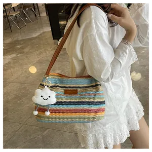 Colorful striped straw shoulder bag for women's summer casual woven hobo handbag.
