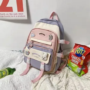 Detailed view of colorblocked backpack in a cozy bedroom scene with multi pockets and patches.