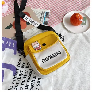Carina borsa a tracolla in tela gialla e bianca da donna, elegante borsa da studente.