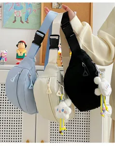 Korean style fashion canvas fanny pack crossbody chest bag for women with wide strap.