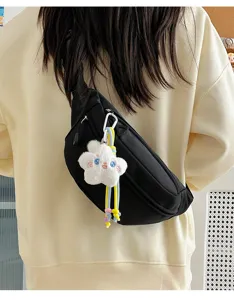 Fashion women waist bag casual nylon chest bag trendy crossbody bag with cute plush pendant.