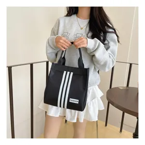 Bolso de mano de lona estilo coreano con rayas blancas, bolso de moda para uso diario.