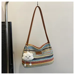 Summer colorful woven shoulder bag with cute cloud pendant, casual rainbow straw tote bag.