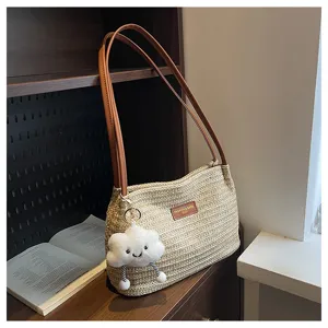 Summer straw woven shoulder bag tote bag with brown leather straps and cute cloud keychain for women