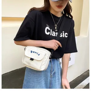 White nylon crossbody bag for women, cute canvas messenger bag with flap and letter print.