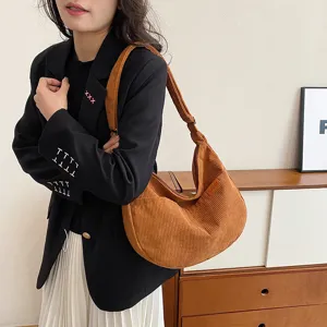 Women Corduroy Tote Bag Casual Large Capacity Shoulder Bag Vintage Hobo Handbag Zipper Closure Daily Commuting Bag