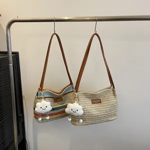 Womens Fashion Straw Woven Shoulder Bag Color Block Stripe Bucket Bag Tote Handbag For Daily Casual Travel