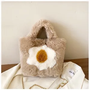Fashionable plush fried egg handbag with chain strap, cute fluffy crossbody bag for women.