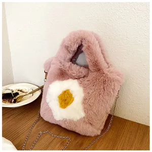 Fashion plush fried egg cross-body shoulder bag for women, cute winter fuzzy chain handbag.