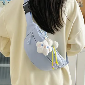 Women fashion light blue waist bag sling chest bag with cute plush star pendant daily use