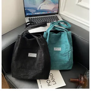 Corduroy casual tote bag in black and green, retro single shoulder handbag for daily.