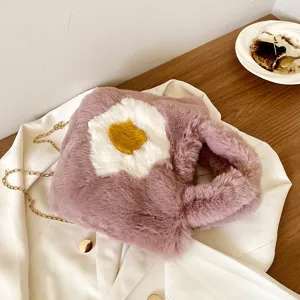 Fluffy plush handbag for women, cute fried egg design crossbody bag with chain strap.
