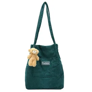 Green Corduroy Tote Bag Casual Shoulder Handbag Retro Student Bag with Cute Bear Pendant