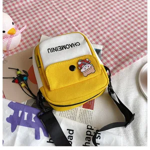 Borsa a tracolla in tela da donna, piccola borsa gialla e bianca carina con toppa di cartone animato.