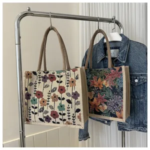Bolso tote grande de tela con estampado floral vintage, bolso de hombro informal mujer.