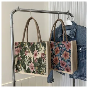 Gran bolso tote de algodón y lino con jacquard floral, bolso de mano casual vintage para mujer.