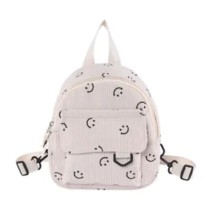 Süßer Kord-Minirucksack mit Smiley-Print, lässiger kleiner Tagesrucksack für Damen im Alltag.