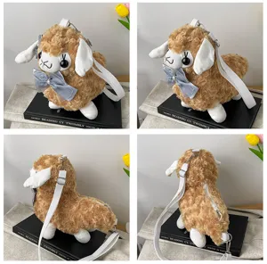 Cute fluffy alpaca plush crossbody bag with bow sweet cartoon shoulder bag for girls
