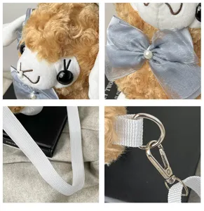 Close-up details of the cute plush alpaca bag, showing soft texture and delicate bow.