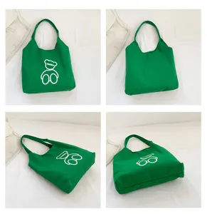 Cute Japanese canvas tote bag for women, large capacity shoulder bag with bear print.