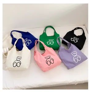 Cute canvas tote bag for women, large capacity shoulder handbag with lovely bear print design.