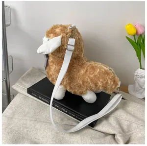 Cute plush alpaca crossbody bag for women, soft furry animal shoulder bag with sweet bow.