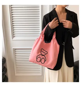 Japanese cute pink canvas tote bag for women, large capacity casual shoulder bag.