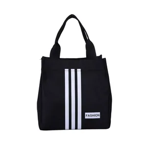 Bolso tote negro de lona con tres rayas blancas con diseño de moda para uso diario