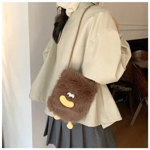 Cute plush crossbody bag for women, funny sausage mouth design, soft fluffy mini shoulder phone bag.