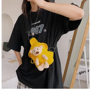 Bolso cruzado de lona con un bonito osito de peluche para mujer, bolso de hombro casual diario.