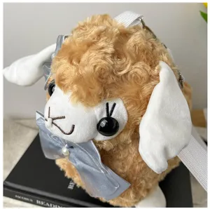Cute plush alpaca shoulder bag with soft brown fur and sweet bow for daily fashion wear.
