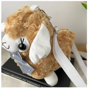 Detailed view of the cute plush alpaca crossbody bag with soft curly fleece and bow.
