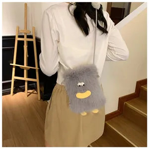 Cute fuzzy cross-body phone bag for women winter plush messenger bag grey funny design