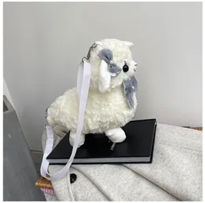Close-up of cute fluffy alpaca plush crossbody bag detail with grey bow and strap.