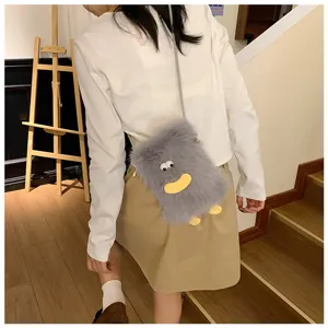 Cute grey plush cross-body phone bag with funny googly eyes and yellow lips for daily wear.