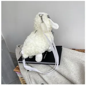 Plush alpaca crossbody bag detail view, cute fluffy animal shoulder bag with bow and strap.