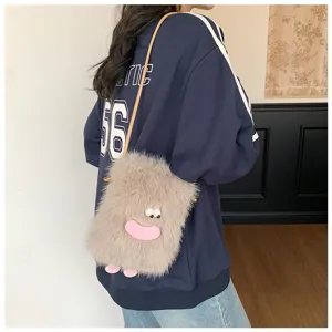 Cute fluffy plush crossbody bag for women, fuzzy monster phone bag, winter mini shoulder bag