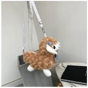 Cute plush alpaca crossbody bag with bow, soft stuffed animal purse for sweet girls style.