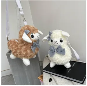 Cute plush alpaca crossbody bag with bow for women, sweet Japanese style fluffy bag.