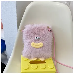 Cute pink plush crossbody bag with funny big eyes and sausage mouth design for women.