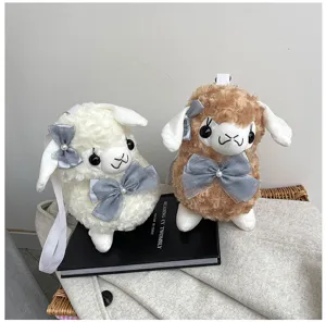 Cute plush alpaca crossbody bag with grey bow, soft fluffy toy shoulder bag for sweet girls.