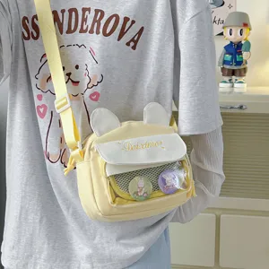 Kawaii Ita Bag Japanese Cute Crossbody Bag With Transparent Pocket Rabbit Ear Design Canvas Casual Shoulder Bag For Women