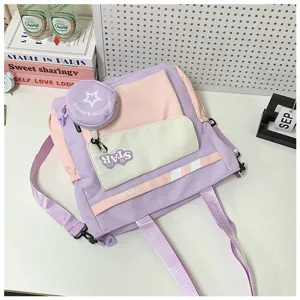 Sac à dos bandoulière colorblock en toile avec pochette ronde, joli sac étudiant pastel.