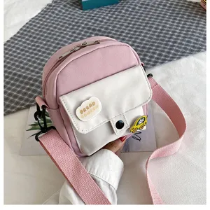 Cute pink white canvas cross body bag for daily use, sweet style shoulder phone bag for girls.