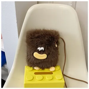 Cute brown plush furry crossbody mini phone bag with funny face design for autumn and winter.
